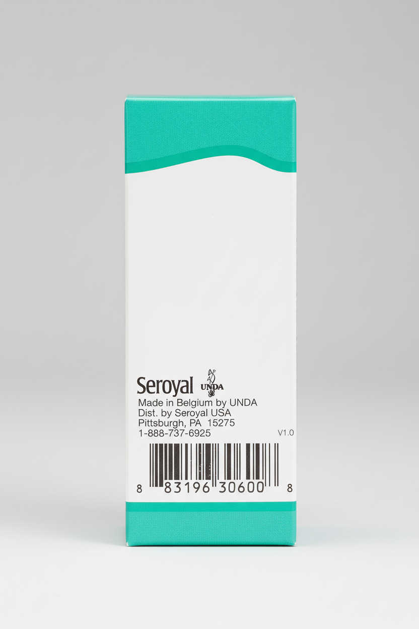 Teal and white label with text and barcode on a white background