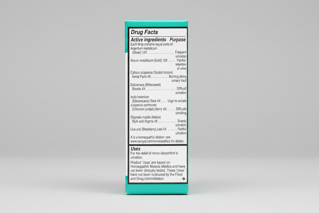 Drug facts label with homeopathic ingredients and uses on a white background