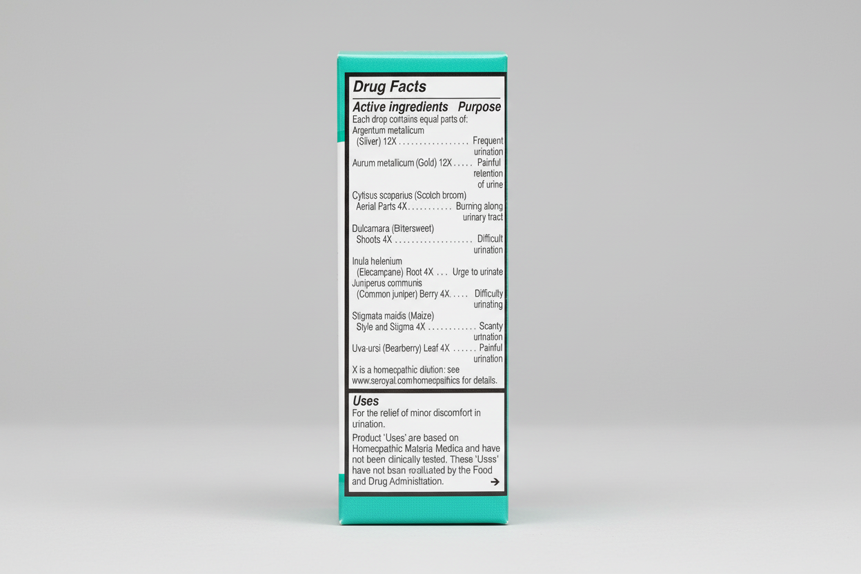 Drug facts label with homeopathic ingredients and uses on a white background