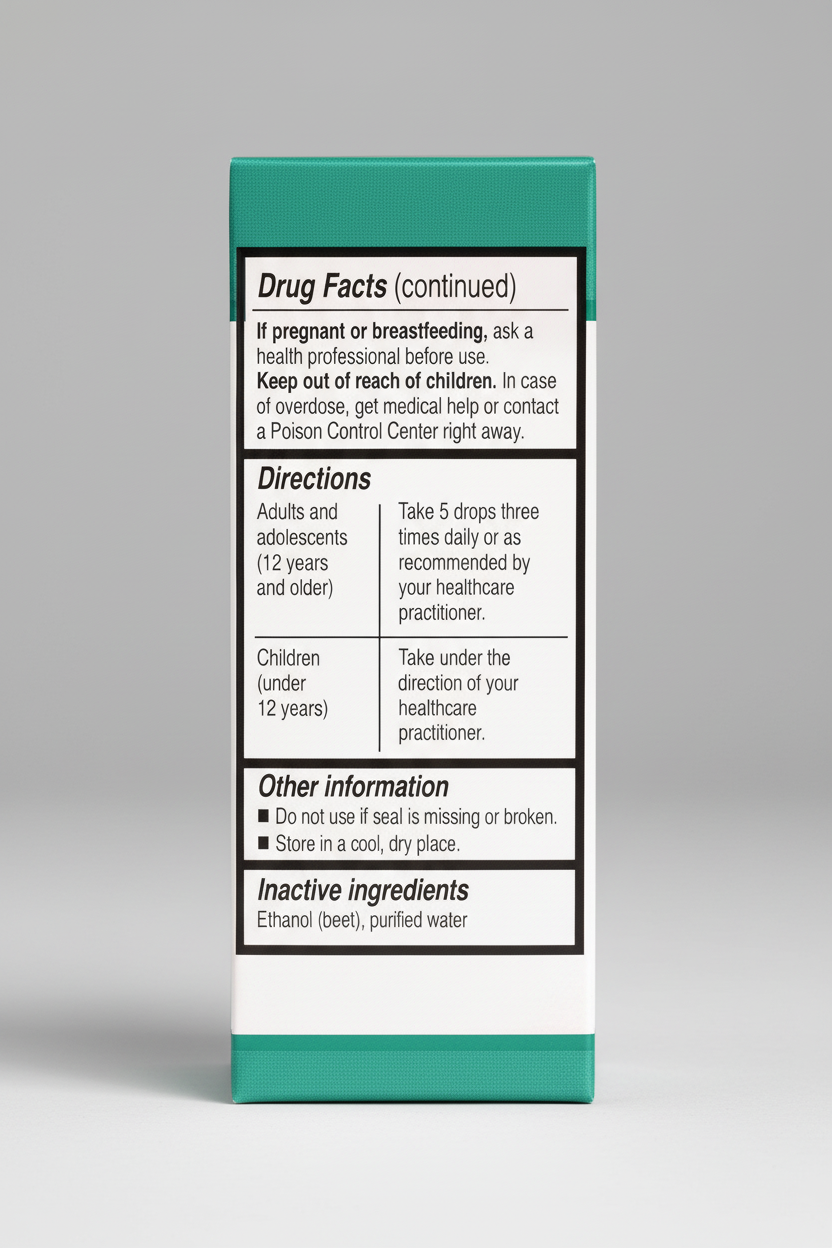 Drug facts label with directions and inactive ingredients on a green background