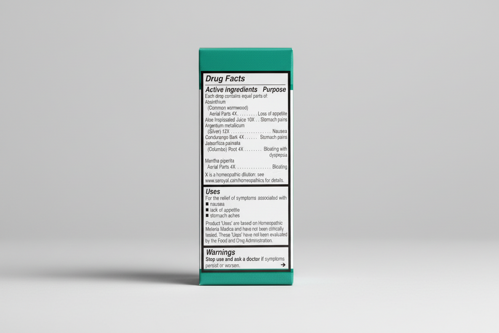 Drug facts label for a homeopathic product with active ingredients and uses.