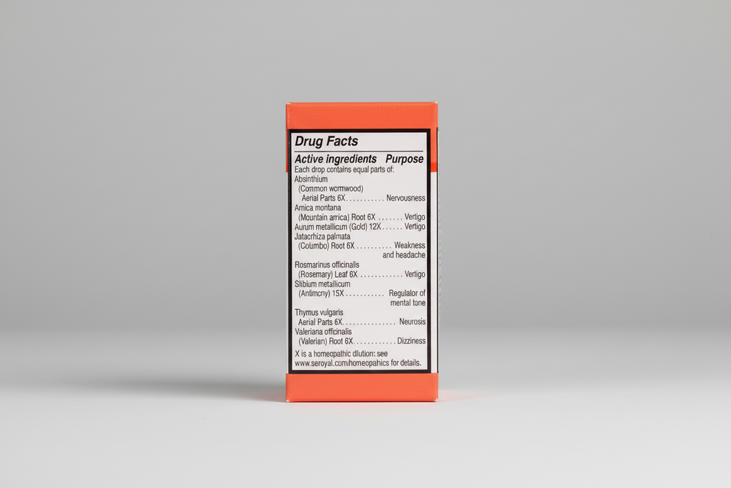 Drug facts label with homeopathic ingredients and their purposes on a black background.
