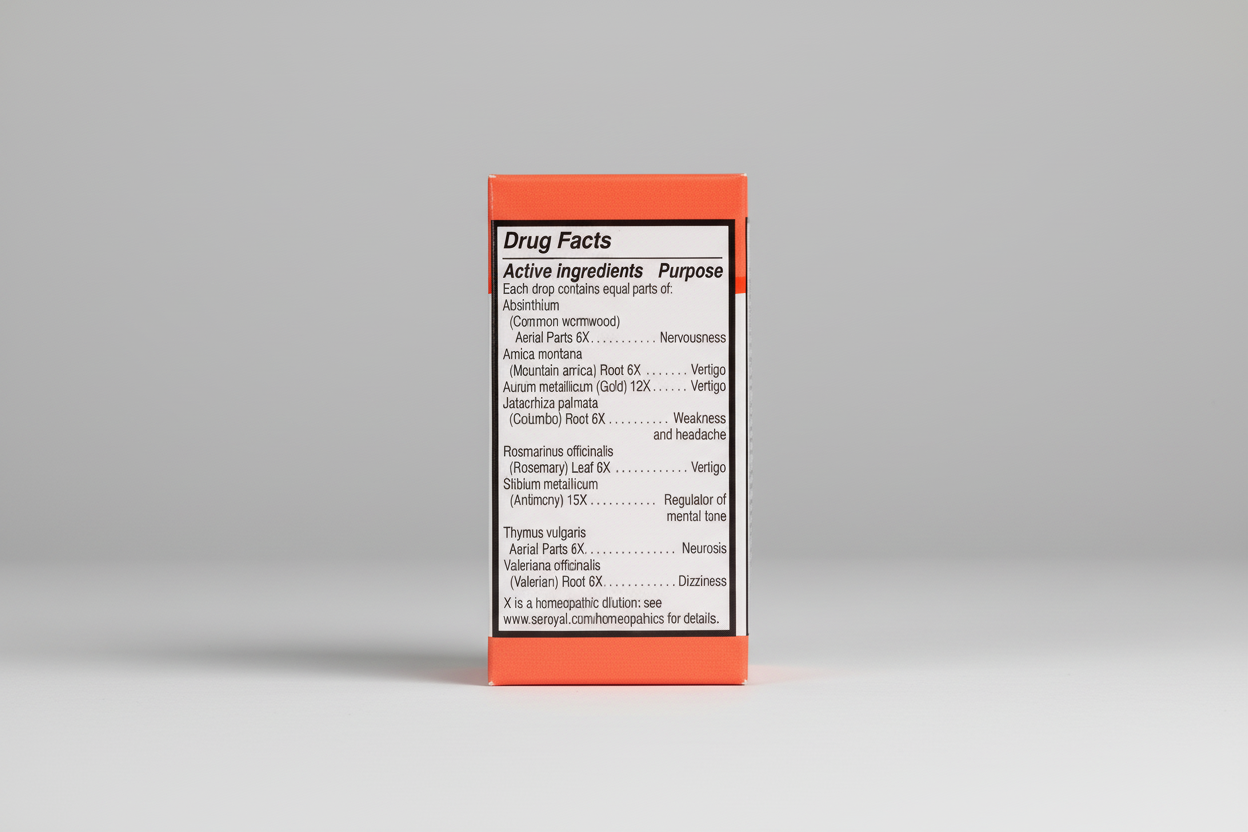 Drug facts label with homeopathic ingredients and their purposes on a black background.