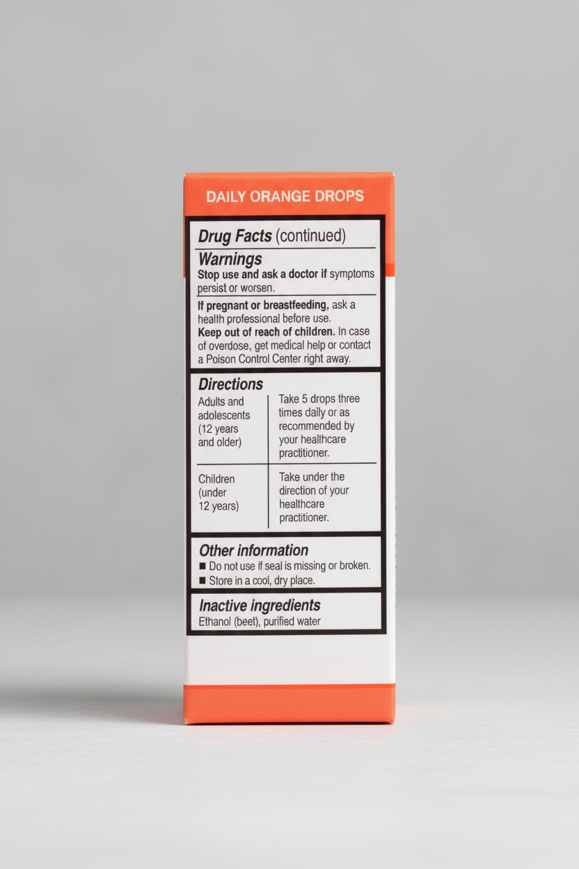 Drug facts label with warnings, directions, and inactive ingredients on a red background