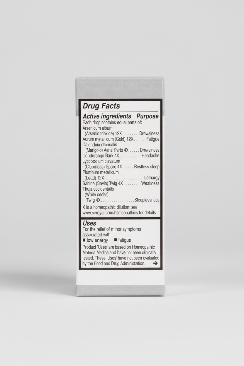 Drug facts label with active ingredients and uses for a homeopathic product on a white background