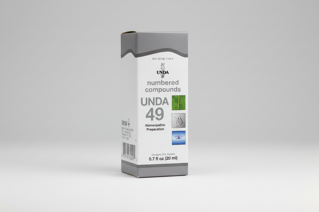 Box of UNDA 49 homeopathic preparation with branding and product details.