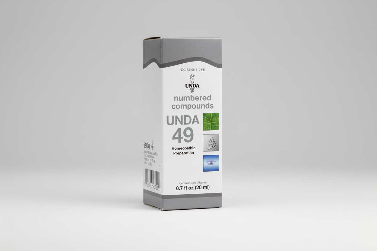 Box of UNDA 49 homeopathic preparation with branding and product details.