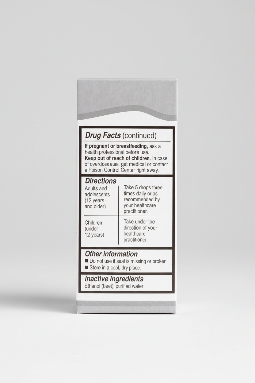 Drug facts label with text on a white background