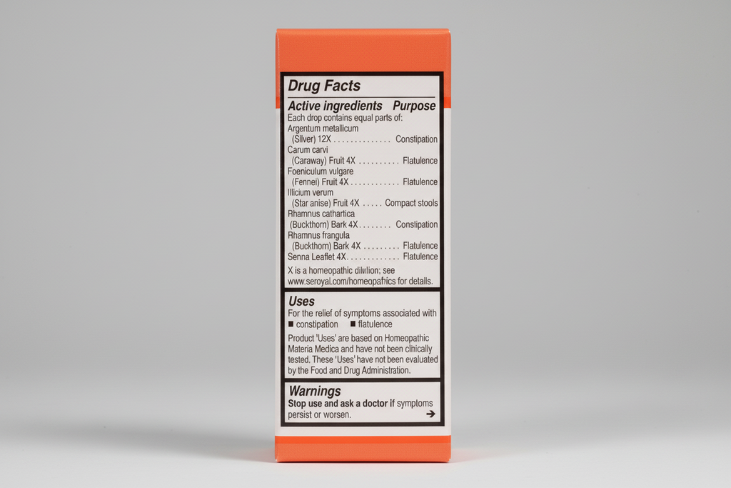Drug facts label with active ingredients and uses on an orange background