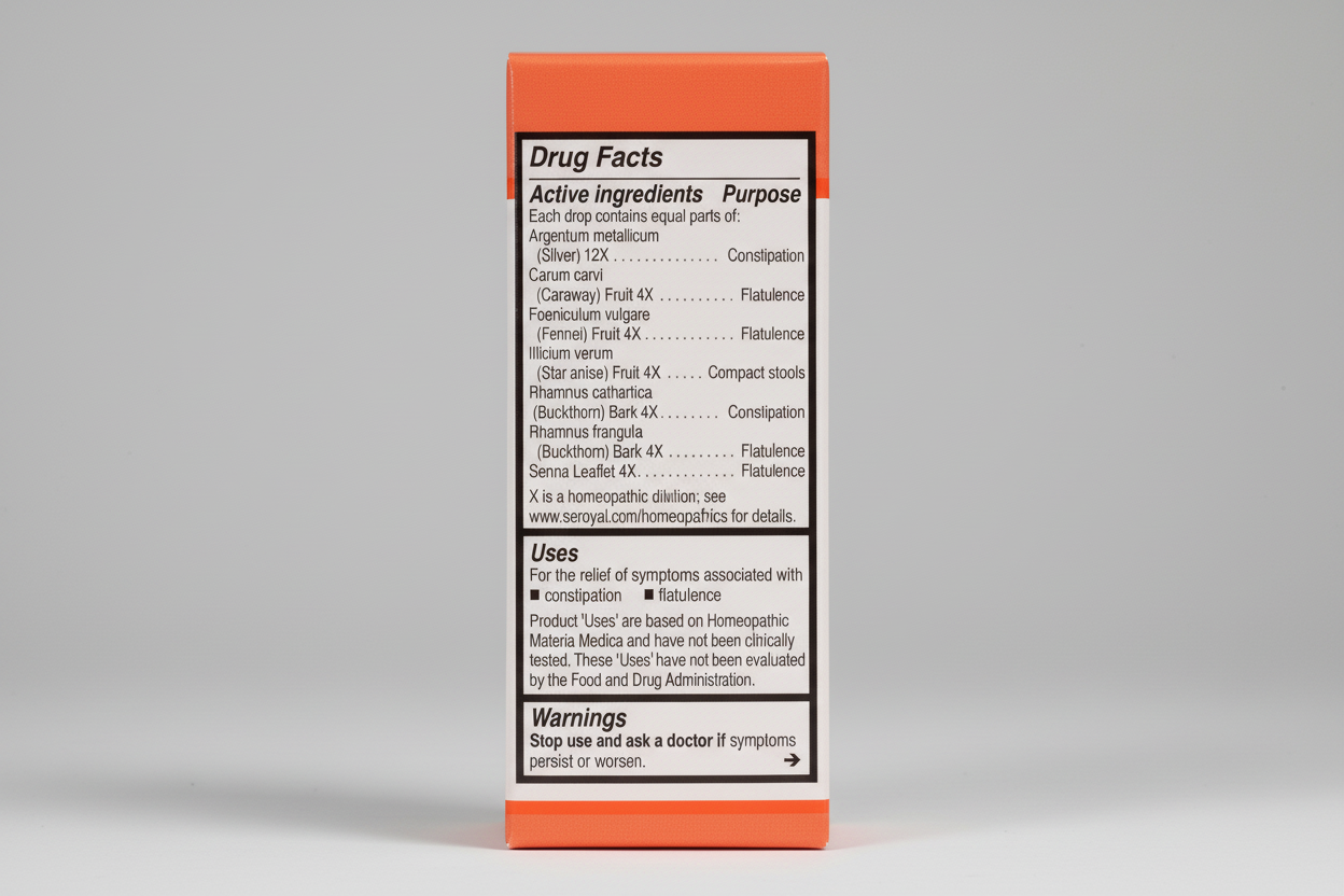 Drug facts label with active ingredients and uses on an orange background