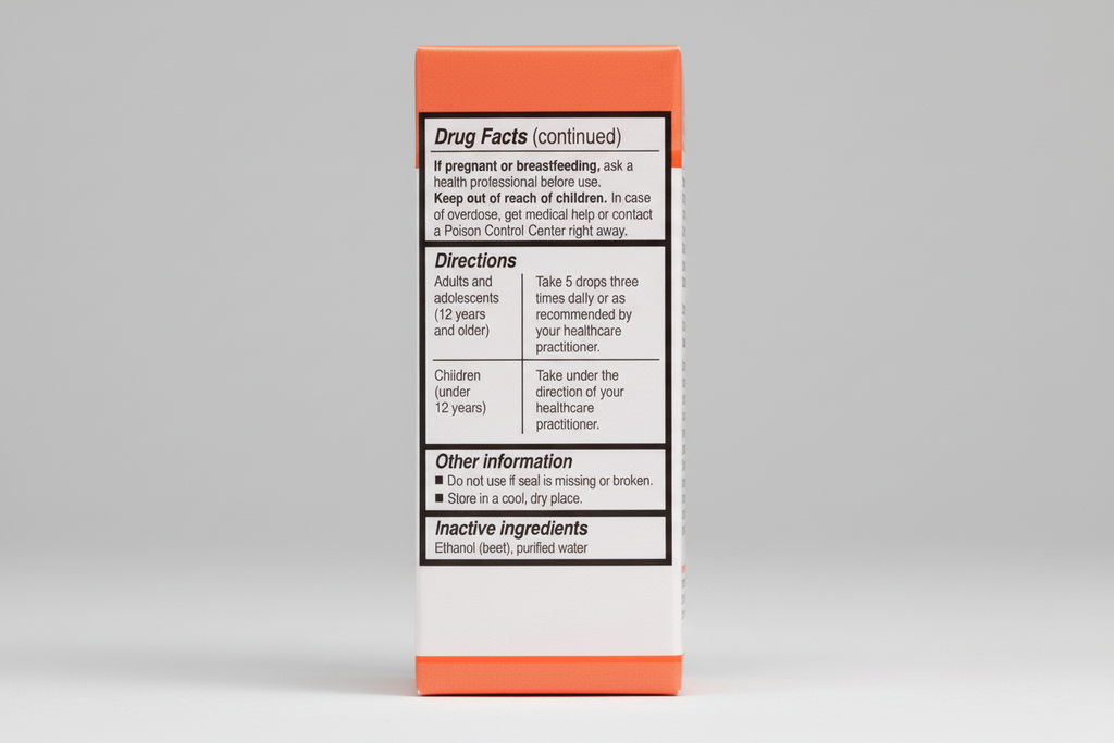 Drug facts label with directions and inactive ingredients on an orange background