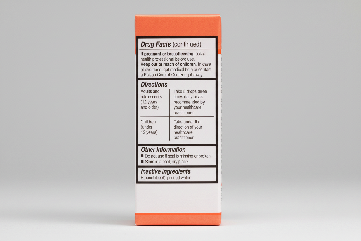 Drug facts label with directions and inactive ingredients on an orange background