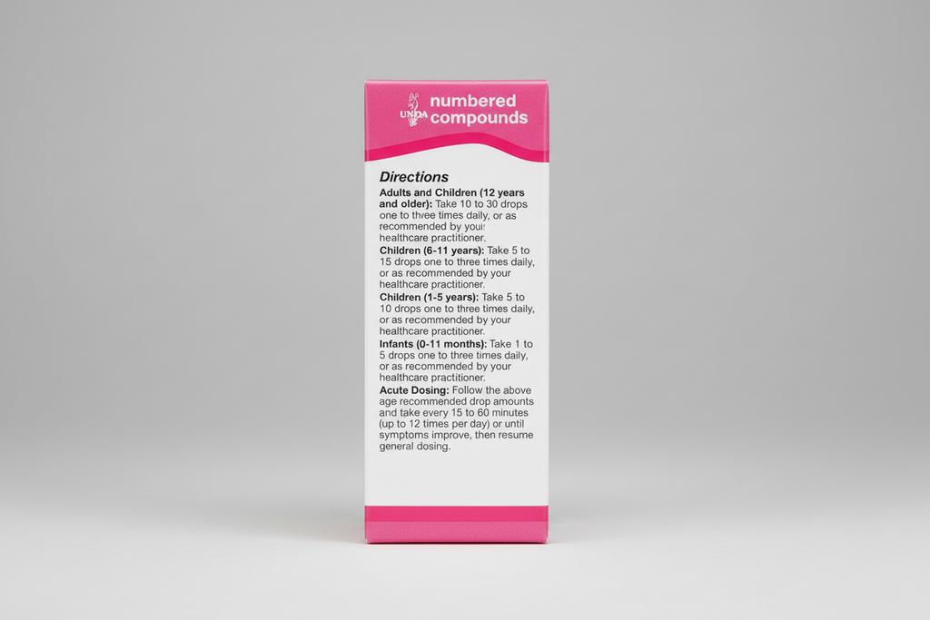UNDPA labeled directions for taking numbered compounds on a pink background