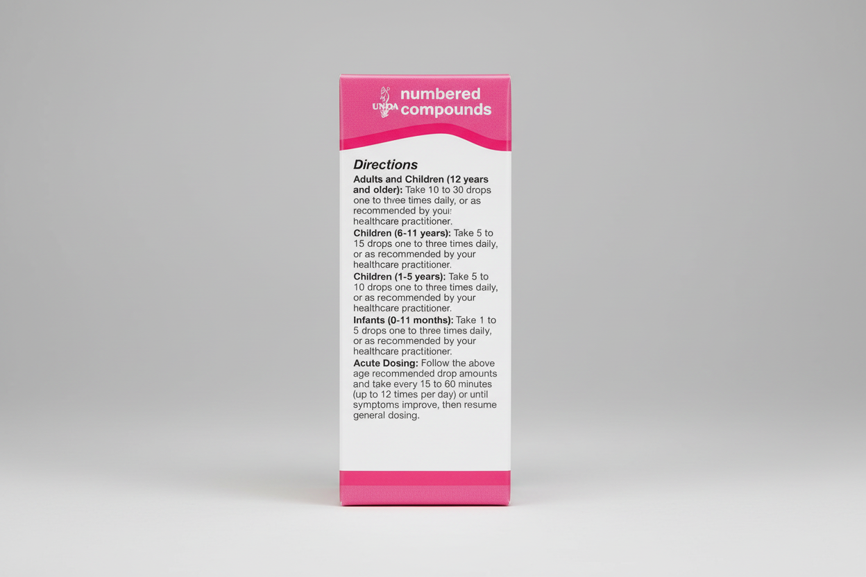 UNDPA labeled directions for taking numbered compounds on a pink background