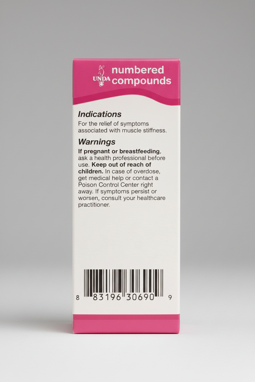 Back label of a medication container with UNPA branding, indicating indications, warnings, and product details.