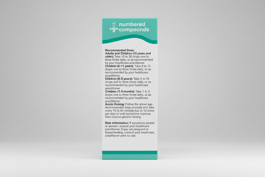 UNDPA numbered compounds label with dosing instructions and risk information.