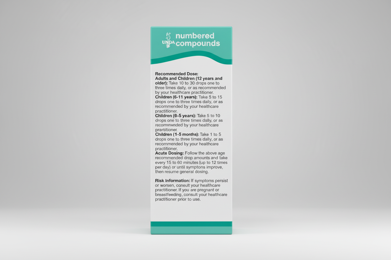 UNDPA numbered compounds label with dosing instructions and risk information.
