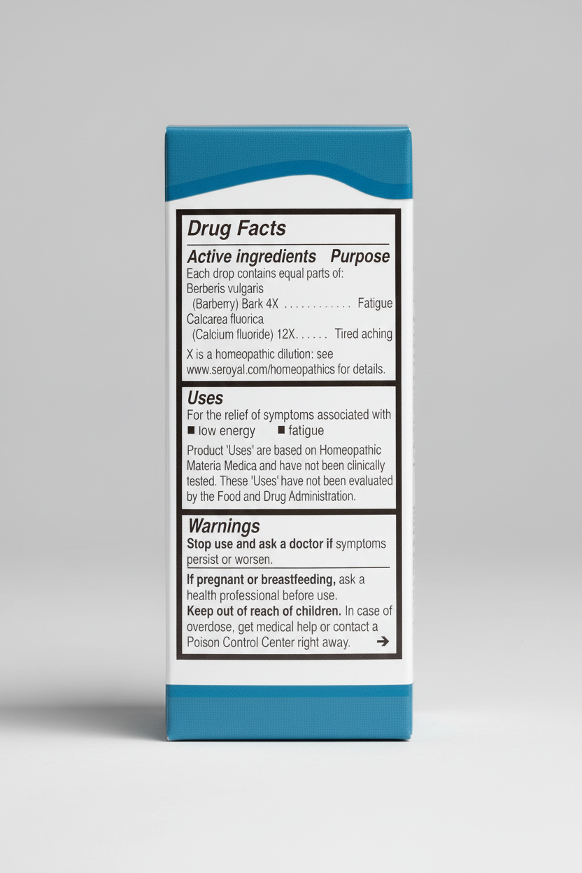 Drug facts label for a homeopathic product with active ingredients, uses, and warnings.