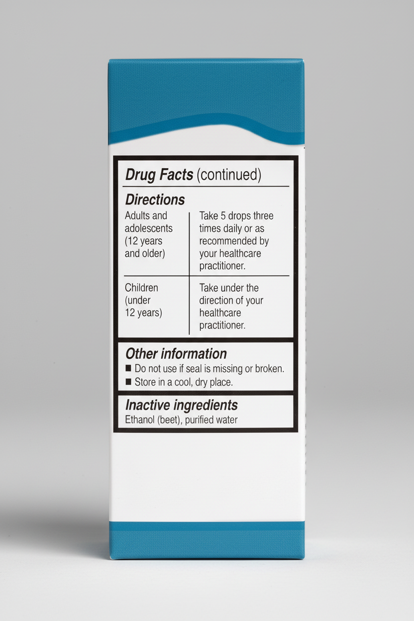 Drug facts label with directions and inactive ingredients on a blue and white background