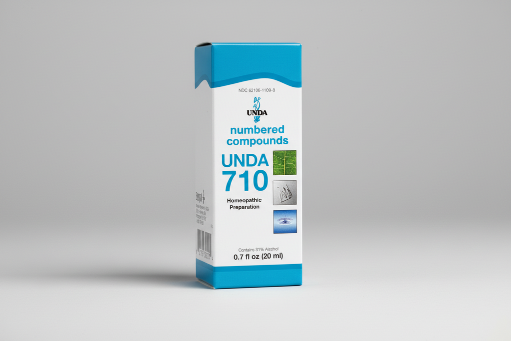 UNDa 710 homeopathic preparation packaging with blue and white design