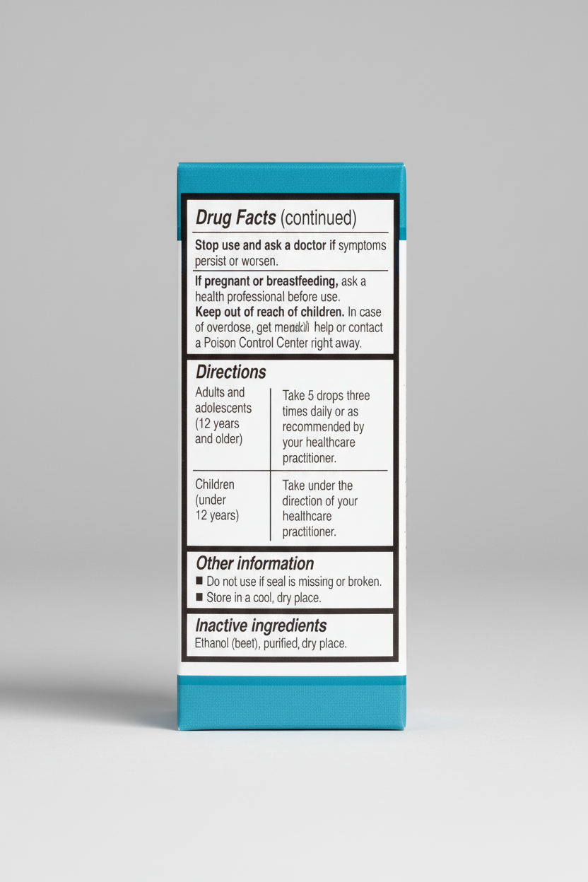 Drug facts label with directions and inactive ingredients on a blue background