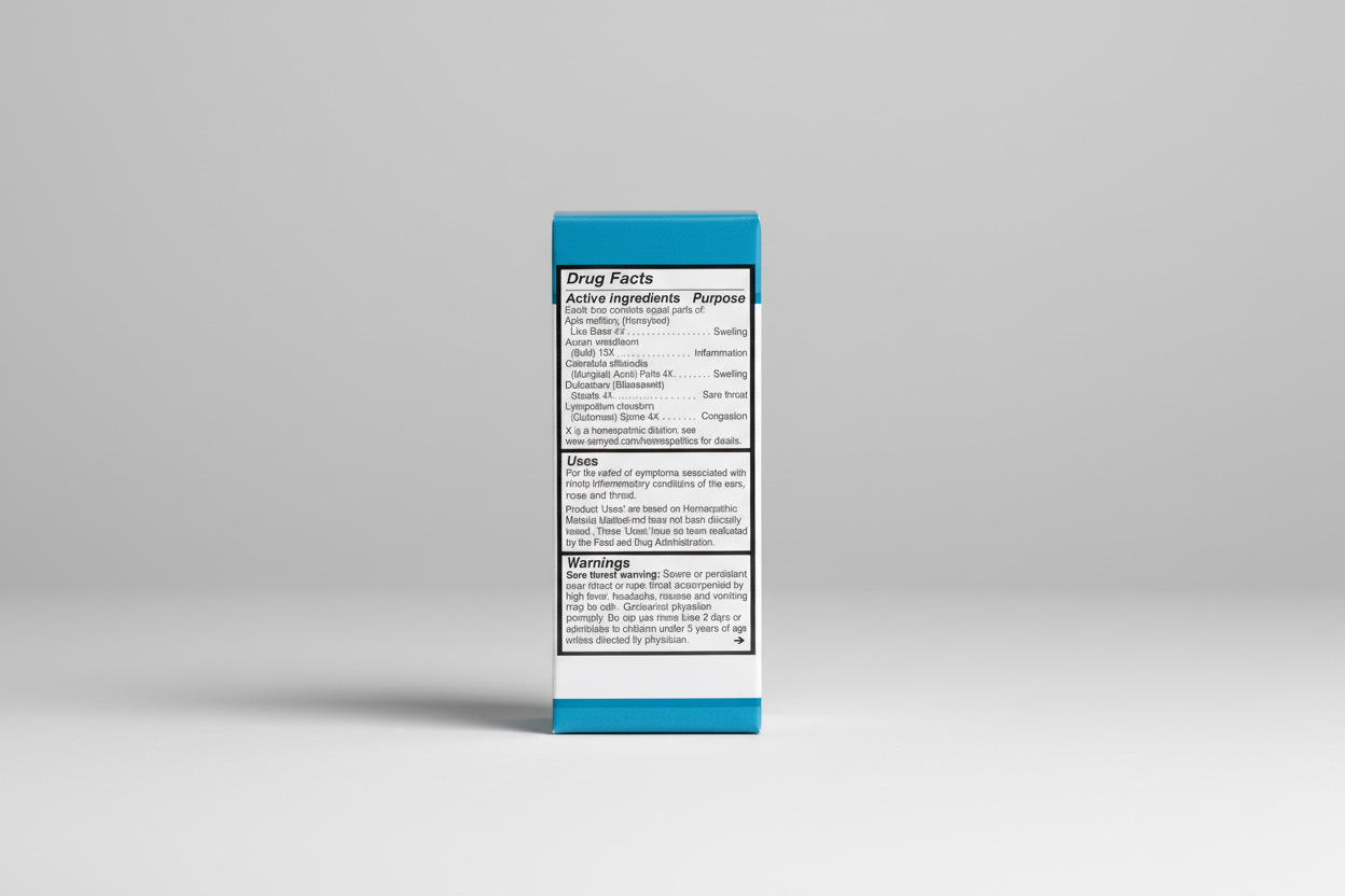 Drug facts label with active ingredients and uses on a blue background