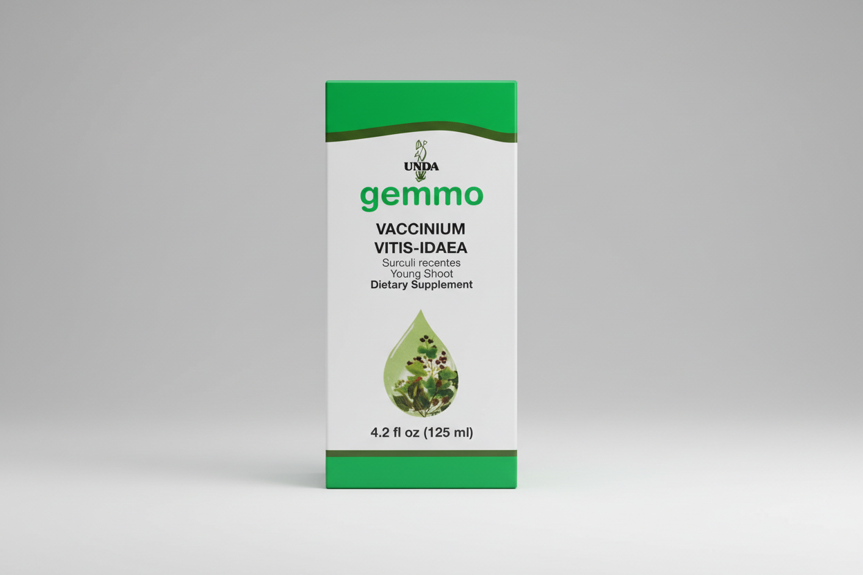 Box of UNDA gemmo Vaccinium Vitis-Idaea dietary supplement with green and white design.