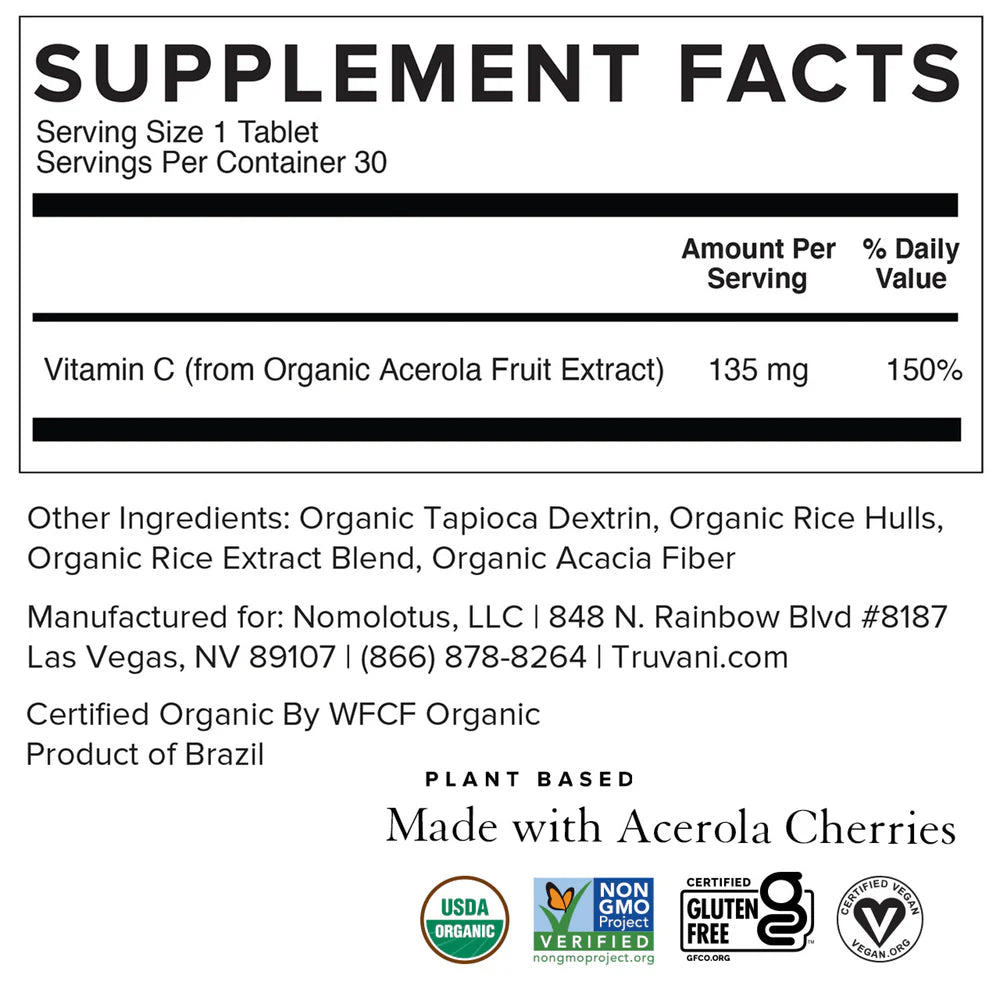 Truvani Vitamin C from Organic Acerola Cherries 30 Tablets