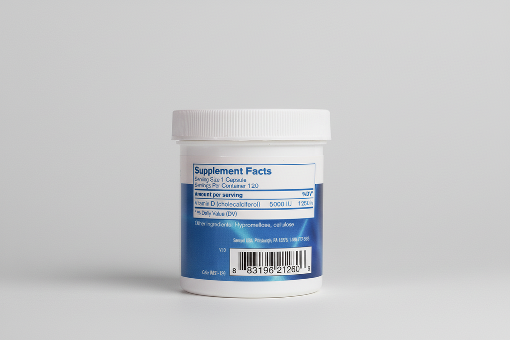 Supplement container with label showing vitamin D content and serving details.