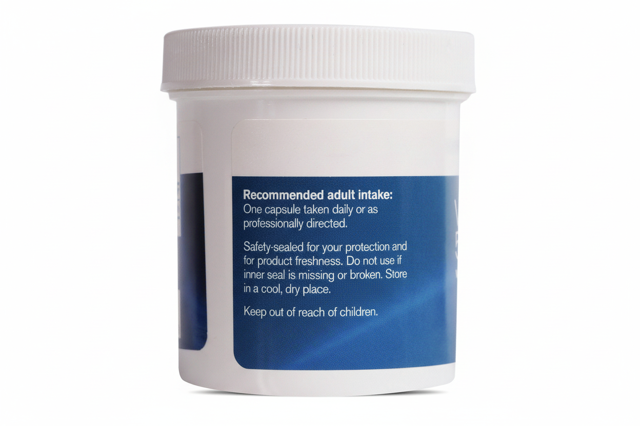 White container with blue label containing dietary supplement instructions.