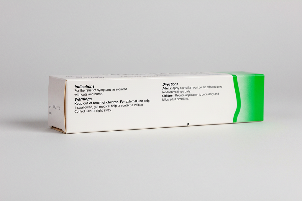 Box of a topical ointment with green label and white text