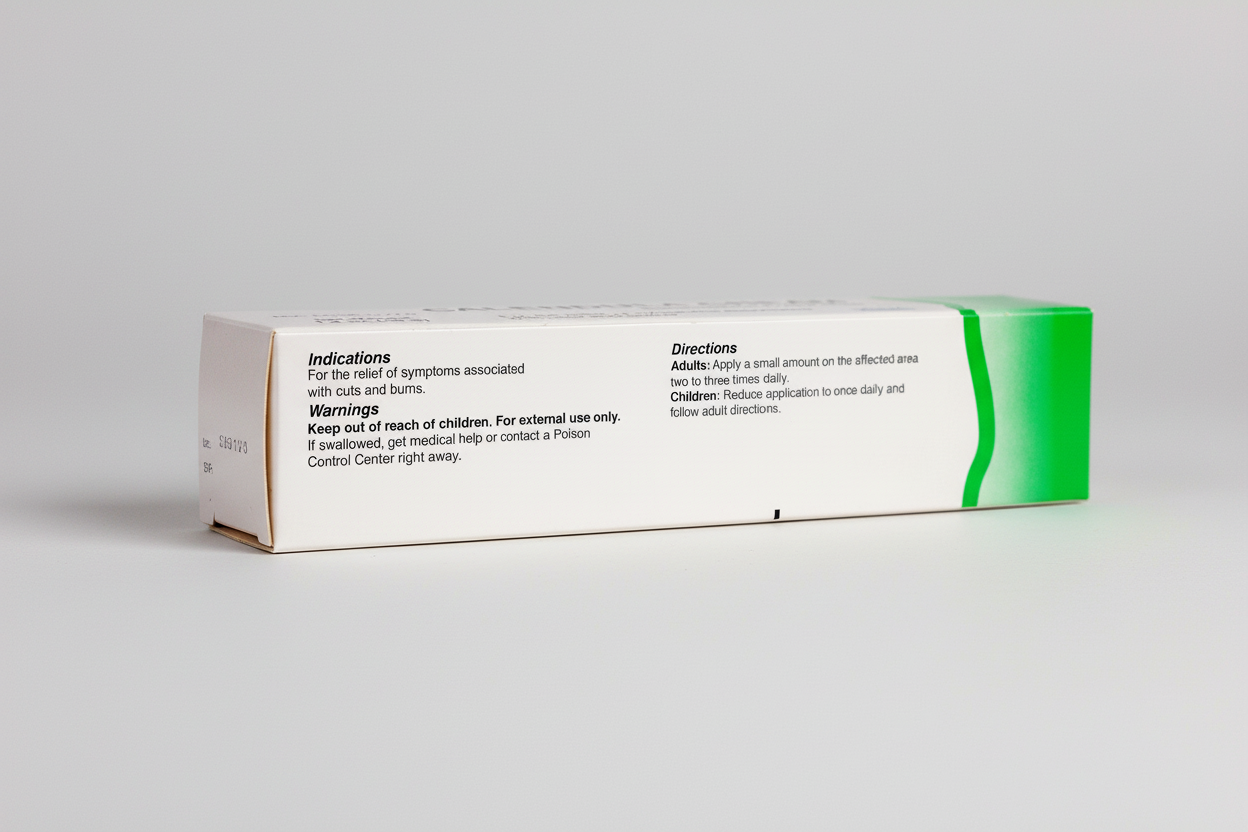 Box of a topical ointment with green label and white text