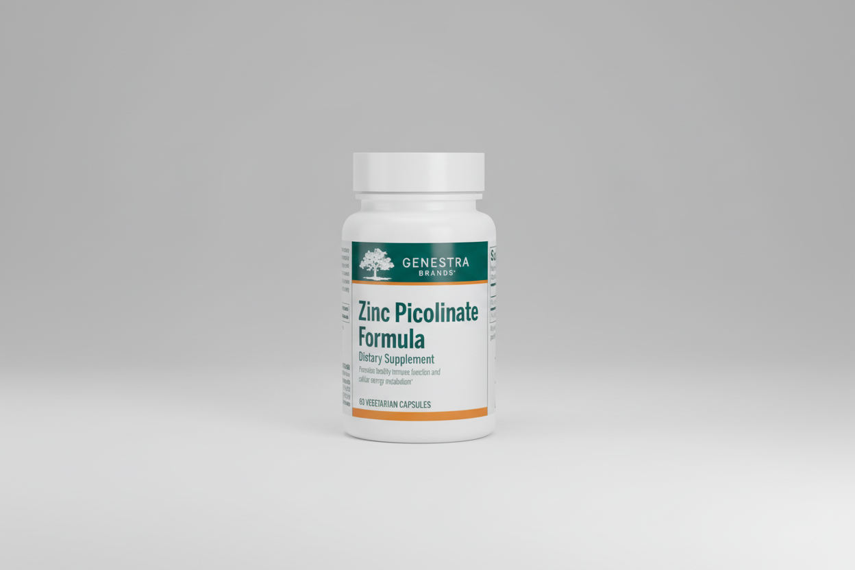 Supplement bottle labeled 'Zinc Picolinate Formula' by Genestra on a white background